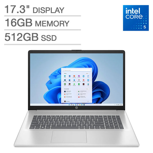HP 17.3" IPS Anti-Glare FHD (1920 x 1080), Laptop - Intel Core 5 Processor 120U (10-Core) 5.0GHz Max Turbo - Windows 11, Wi-Fi 6 (2 x 2), Backlit Keyboard, 512GB M.2 SSD, 16GB RAM