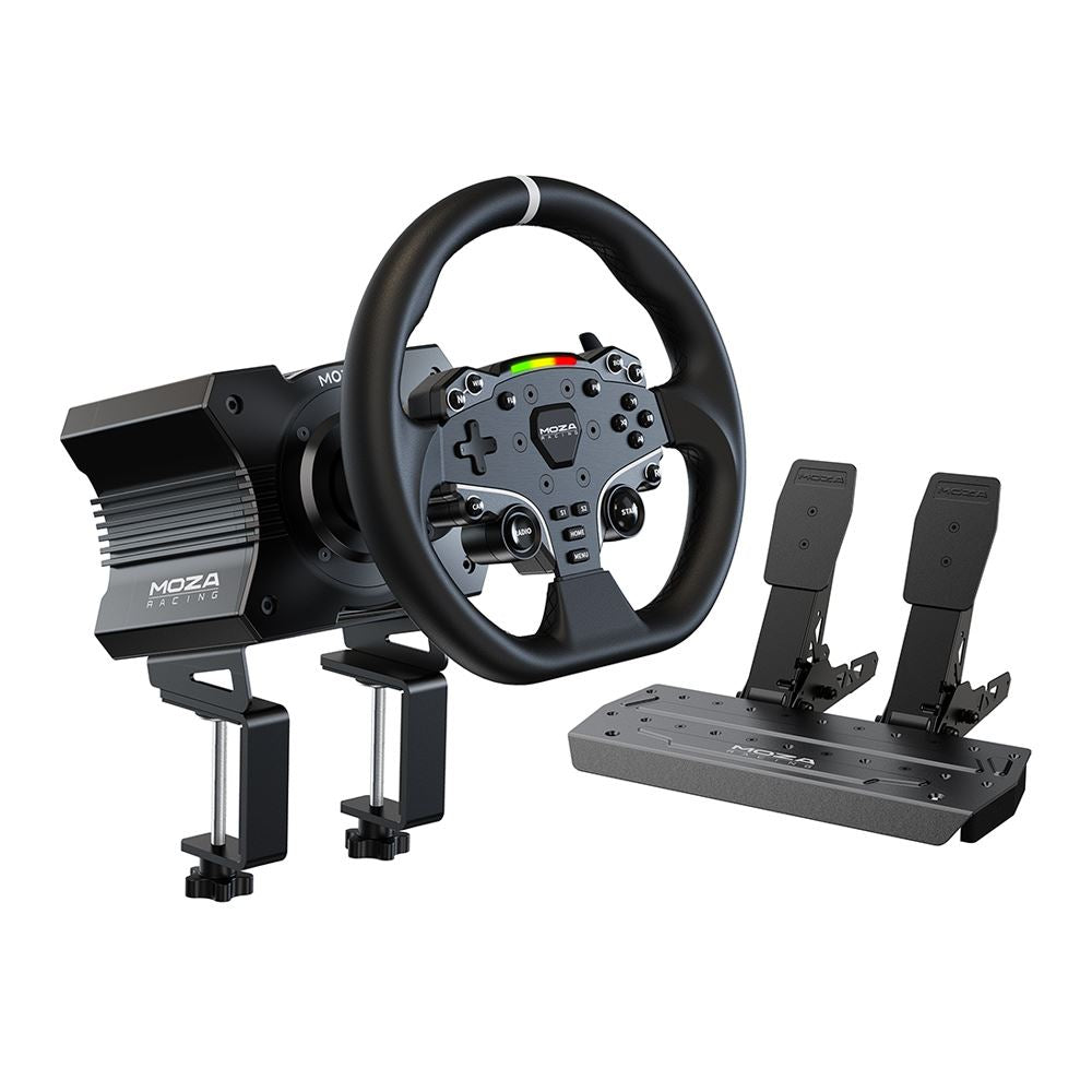 MOZA R5 All-in-One PC Gaming Racing Simulator 3PCS Bundle: 5.5Nm Direct Drive Wheel Base, 11-inch Racing Wheel, Anti-Slip Pedals and a Desk Clamp, Cloud-based App Control