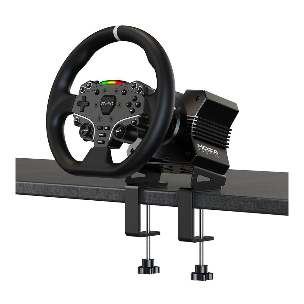 MOZA R5 All-in-One PC Gaming Racing Simulator 3PCS Bundle: 5.5Nm Direct Drive Wheel Base, 11-inch Racing Wheel, Anti-Slip Pedals and a Desk Clamp, Cloud-based App Control